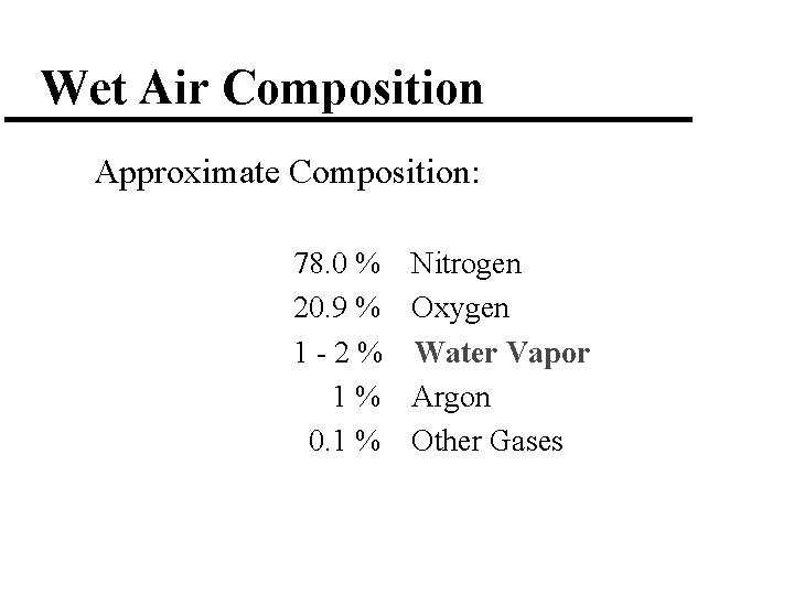 Wet Air Composition Approximate Composition: 78. 0 % 20. 9 % 1 -2% 1%