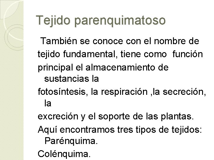 Tejido parenquimatoso También se conoce con el nombre de tejido fundamental, tiene como función Tejido parenquimatoso También se conoce con el nombre de tejido fundamental, tiene como función