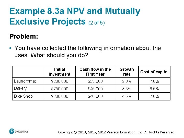 Example 8. 3 a NPV and Mutually Exclusive Projects (2 of 5) Problem: •