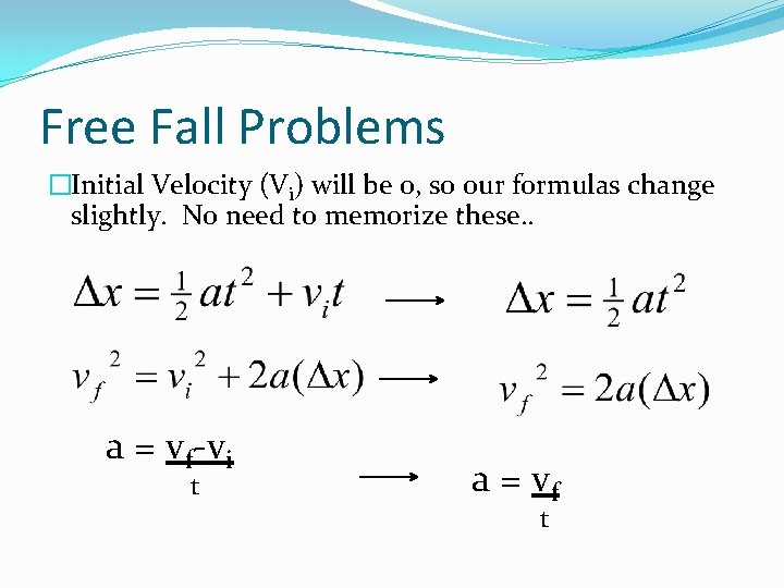 Free Fall Problems �Initial Velocity (Vi) will be 0, so our formulas change slightly. Free Fall Problems �Initial Velocity (Vi) will be 0, so our formulas change slightly.