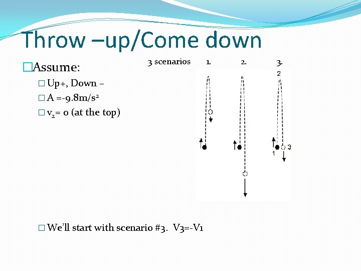 Throw –up/Come down �Assume: 3 scenarios � Up+, Down – � A =-9. 8 Throw –up/Come down �Assume: 3 scenarios � Up+, Down – � A =-9. 8