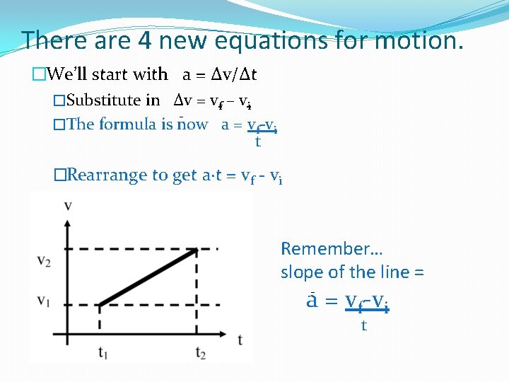 There are 4 new equations for motion. �We’ll start with a = ∆v/∆t �Substitute There are 4 new equations for motion. �We’ll start with a = ∆v/∆t �Substitute