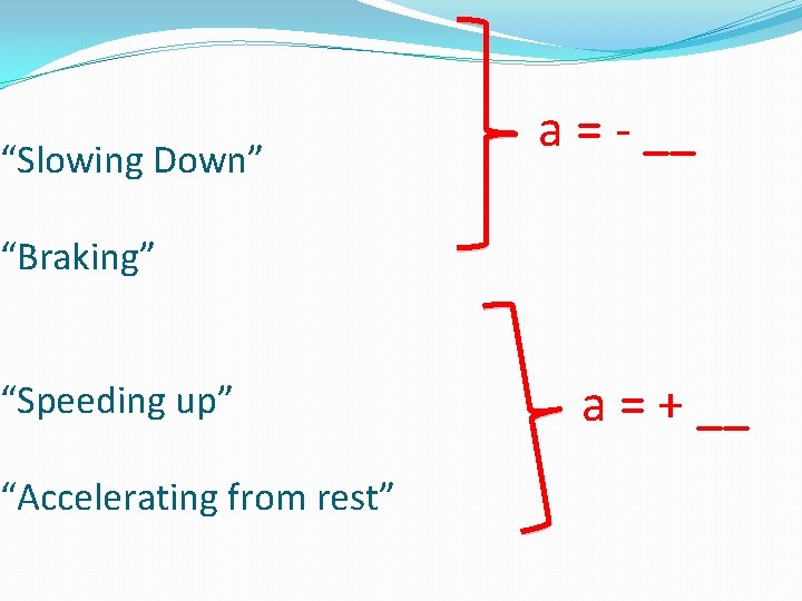 “Slowing Down” a = - __ “Braking” “Speeding up” “Accelerating from rest” a = “Slowing Down” a = - __ “Braking” “Speeding up” “Accelerating from rest” a =