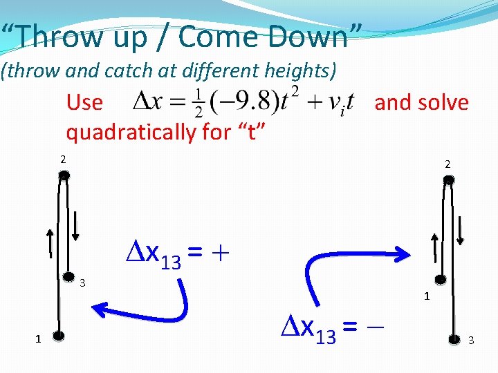 “Throw up / Come Down” (throw and catch at different heights) Use quadratically for “Throw up / Come Down” (throw and catch at different heights) Use quadratically for