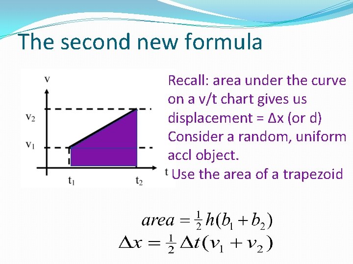 The second new formula Recall: area under the curve on a v/t chart gives The second new formula Recall: area under the curve on a v/t chart gives