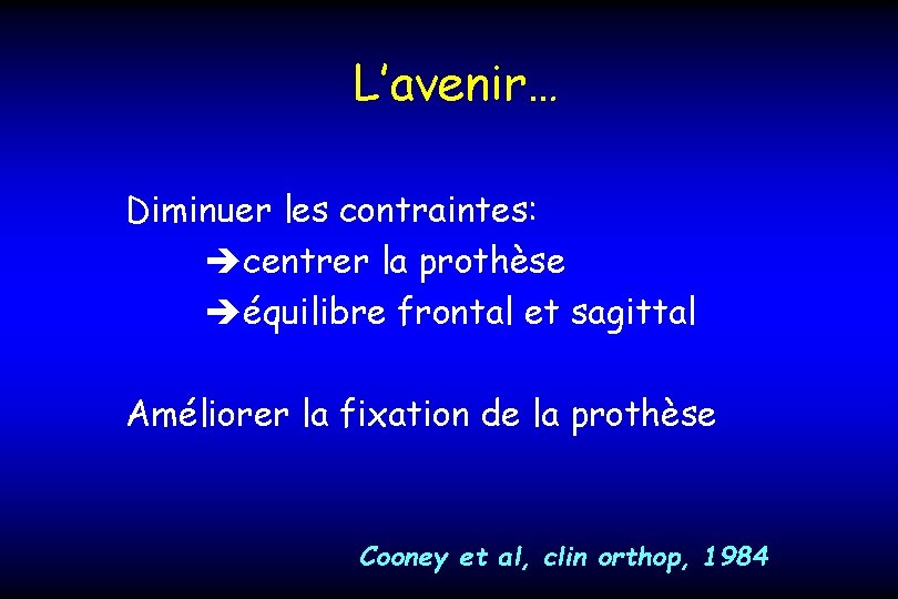 L’avenir… Diminuer les contraintes: centrer la prothèse équilibre frontal et sagittal Améliorer la fixation