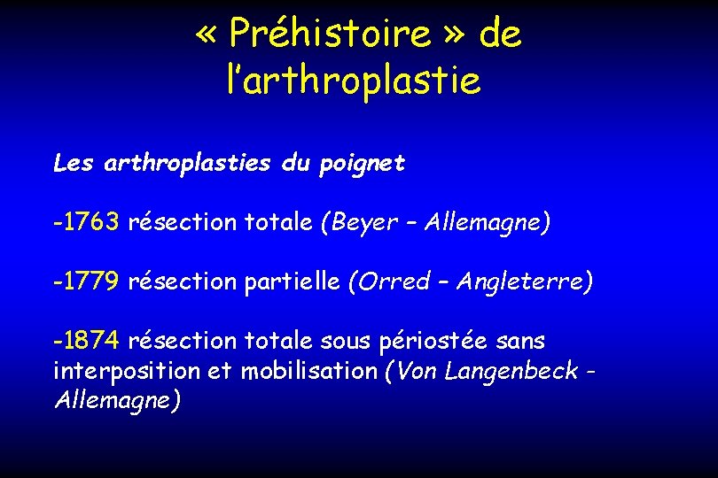  « Préhistoire » de l’arthroplastie Les arthroplasties du poignet -1763 résection totale (Beyer