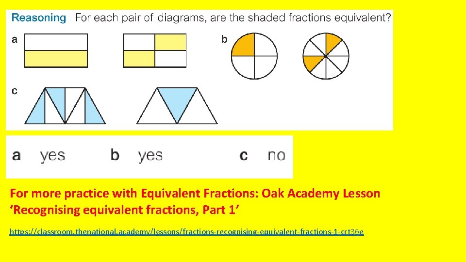 For more practice with Equivalent Fractions: Oak Academy Lesson ‘Recognising equivalent fractions, Part 1’