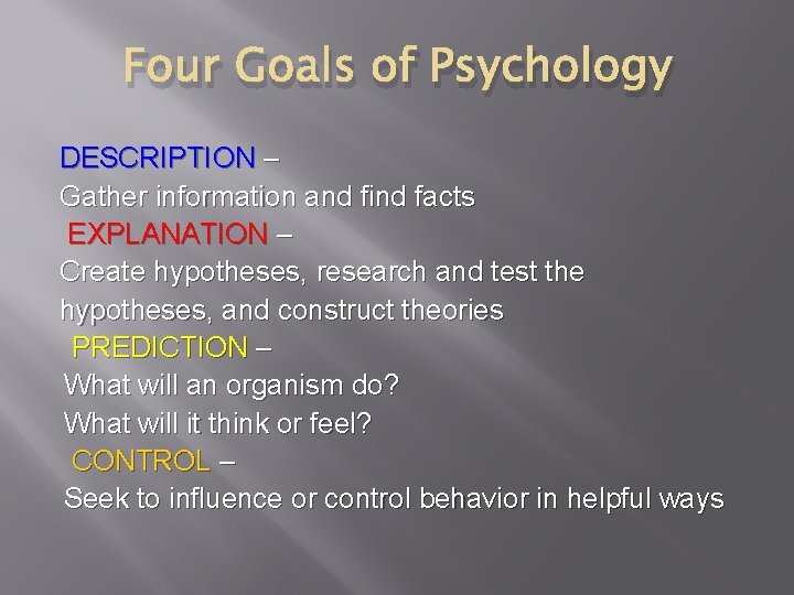Four Goals of Psychology DESCRIPTION – Gather information and find facts EXPLANATION – Create