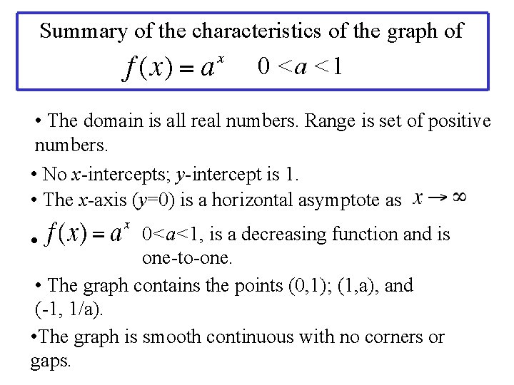 Summary of the characteristics of the graph of 0 <a <1 • The domain