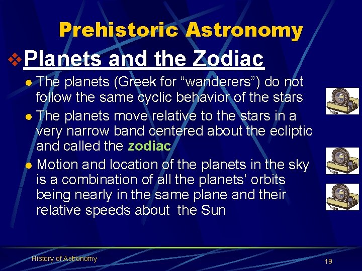 Prehistoric Astronomy v. Planets and the Zodiac The planets (Greek for “wanderers”) do not
