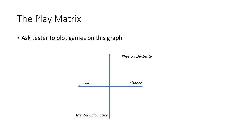 The Play Matrix • Ask tester to plot games on this graph Physical Dexterity