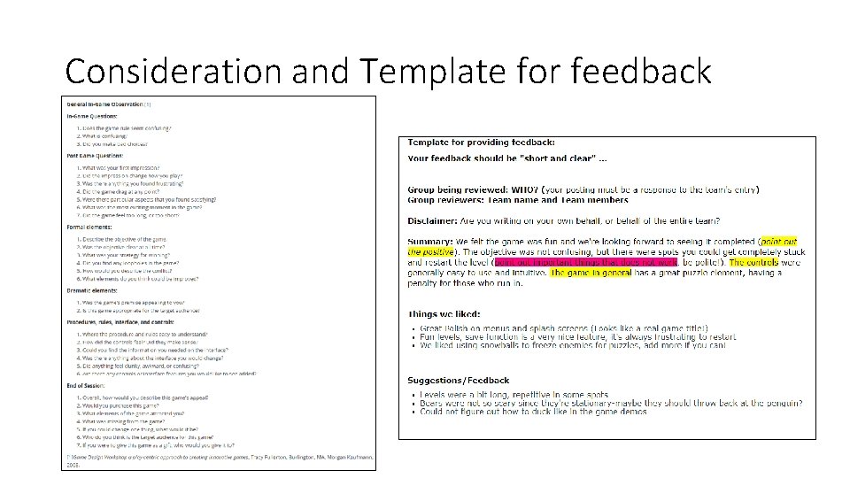 Consideration and Template for feedback 