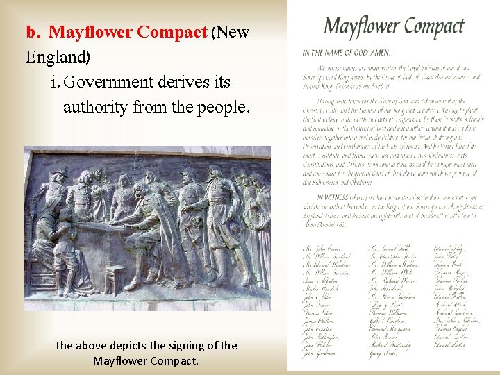 b. Mayflower Compact (New England) i. Government derives its authority from the people. The