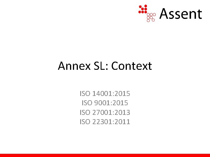 Annex SL: Context ISO 14001: 2015 ISO 9001: 2015 ISO 27001: 2013 ISO 22301: