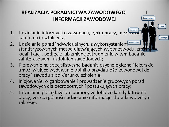 REALIZACJA PORADNICTWA ZAWODOWEGO INFORMACJI ZAWODOWEJ I 1. Udzielanie informacji o zawodach, rynku pracy, możliwościach