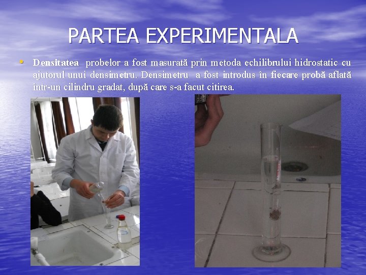 PARTEA EXPERIMENTALA • Densitatea probelor a fost masurată prin metoda echilibrului hidrostatic cu ajutorul