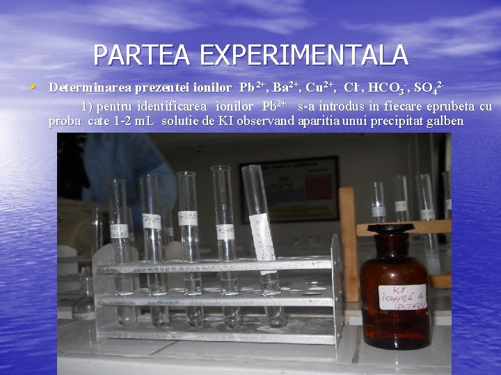 PARTEA EXPERIMENTALA • Determinarea prezentei ionilor Pb 2+, Ba 2+, Cu 2+, Cl-, HCO