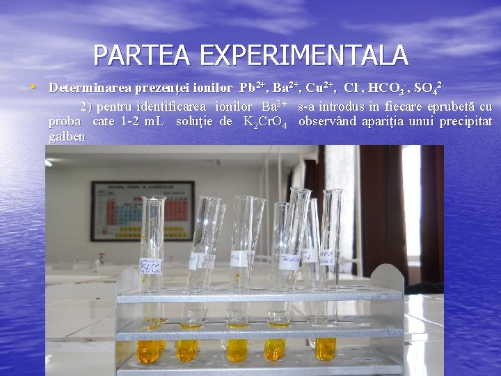 PARTEA EXPERIMENTALA • Determinarea prezenţei ionilor Pb 2+, Ba 2+, Cu 2+, Cl-, HCO