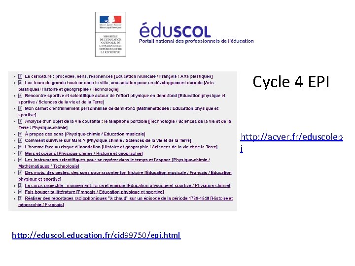 EDUSCOL Cycle 4 EPI http: //acver. fr/eduscolep i http: //eduscol. education. fr/cid 99750/epi. html