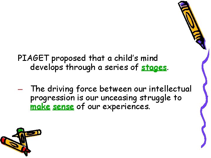 PIAGET proposed that a child’s mind develops through a series of stages. – The