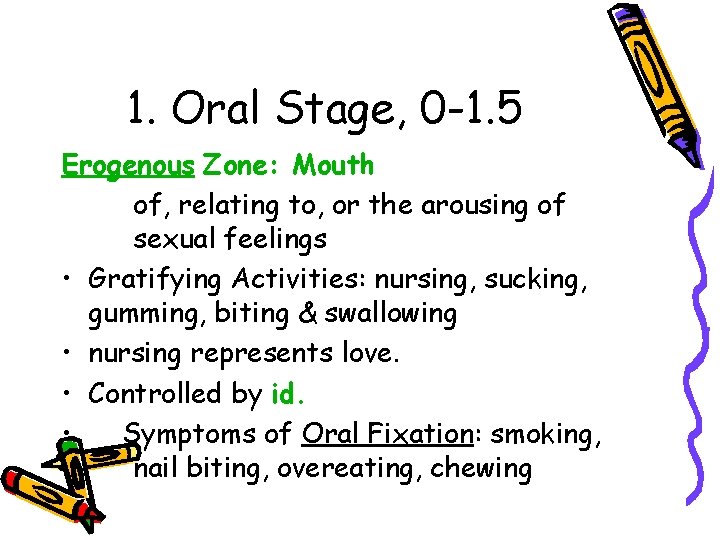 1. Oral Stage, 0 -1. 5 Erogenous Zone: Mouth of, relating to, or the