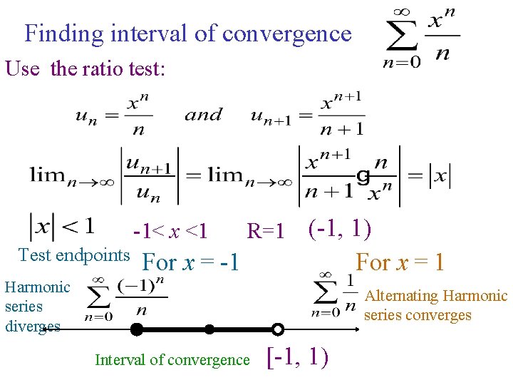 Finding interval of convergence Use the ratio test: -1< x <1 Test endpoints R=1