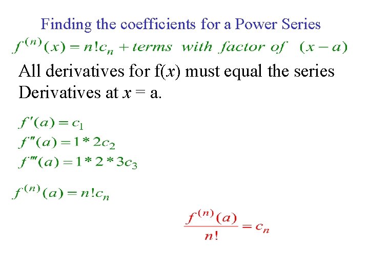 Finding the coefficients for a Power Series All derivatives for f(x) must equal the