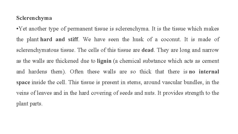 Sclerenchyma • Yet another type of permanent tissue is sclerenchyma. It is the tissue