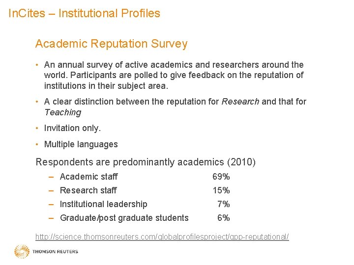 In. Cites – Institutional Profiles Academic Reputation Survey • An annual survey of active