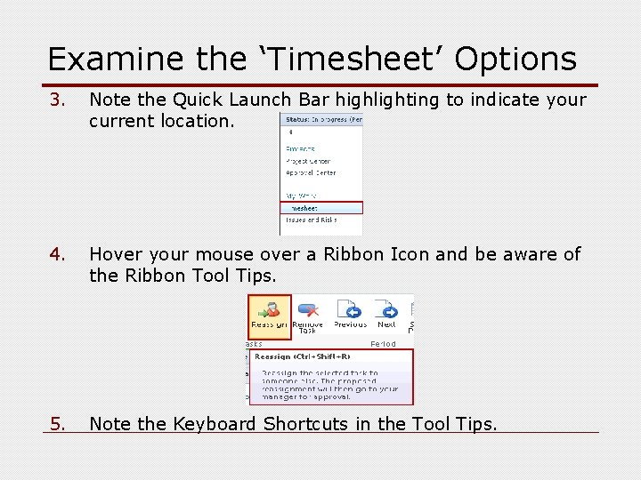 Examine the ‘Timesheet’ Options 3. Note the Quick Launch Bar highlighting to indicate your