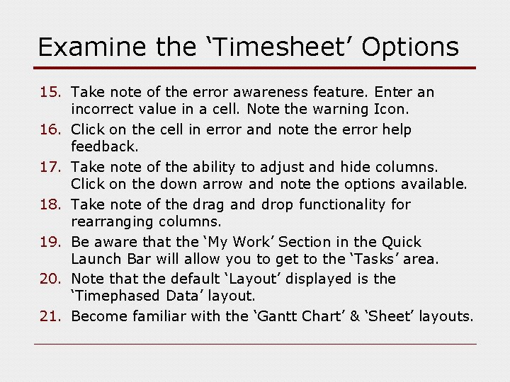 Examine the ‘Timesheet’ Options 15. Take note of the error awareness feature. Enter an