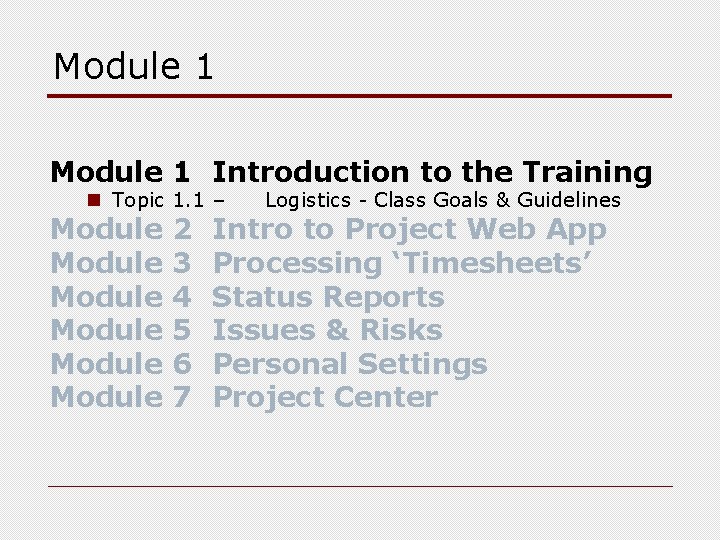 Module 1 Introduction to the Training n Topic 1. 1 – Module Module 2