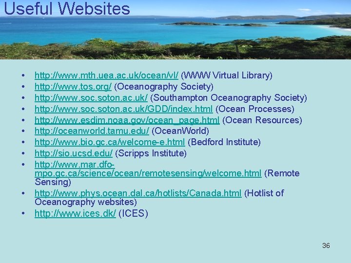 Useful Websites • • • http: //www. mth. uea. ac. uk/ocean/vl/ (WWW Virtual Library)