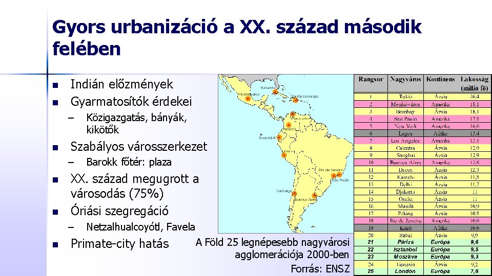 Gyors urbanizáció a XX. század második felében n n Indián előzmények Gyarmatosítók érdekei –