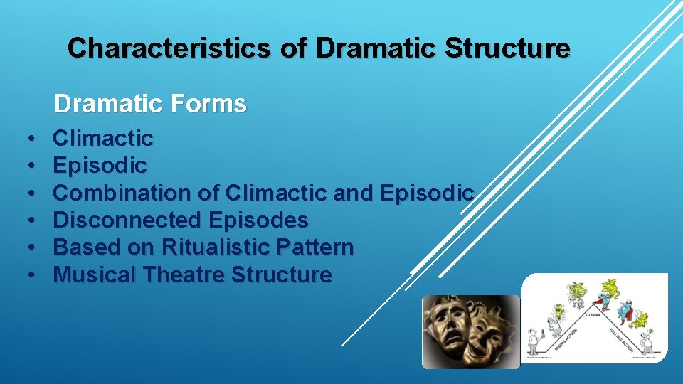 Characteristics of Dramatic Structure Dramatic Forms • • • Climactic Episodic Combination of Climactic