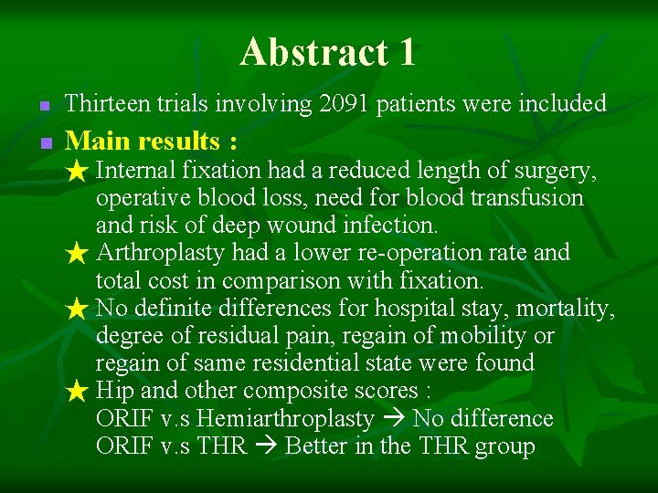 Abstract 1 n Thirteen trials involving 2091 patients were included n Main results :