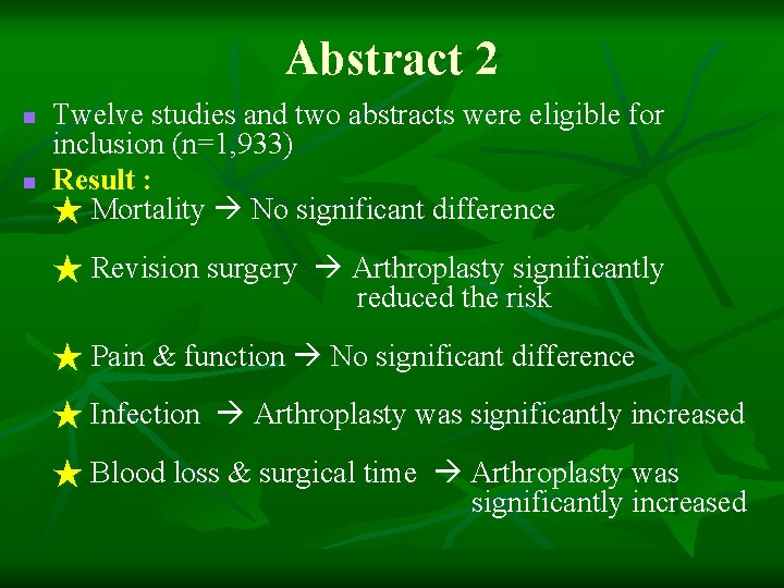 Abstract 2 n n Twelve studies and two abstracts were eligible for inclusion (n=1,