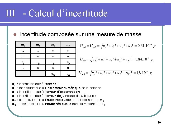 III - Calcul d’incertitude l Incertitude composée sur une mesure de masse m 1