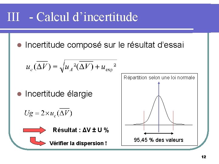 III - Calcul d’incertitude l Incertitude composé sur le résultat d’essai Répartition selon une