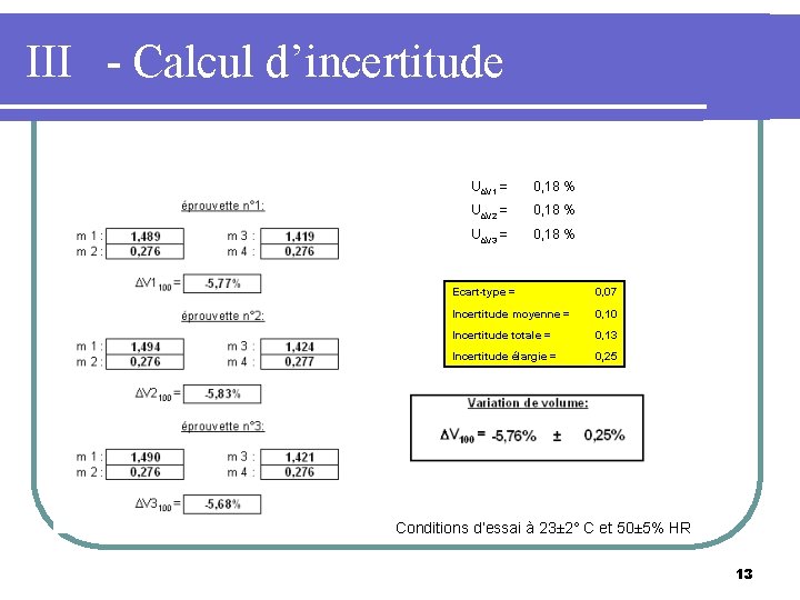 III - Calcul d’incertitude l Exemple U∆V 1 = 0, 18 % U∆V 2