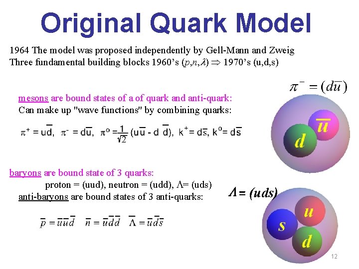 Original Quark Model 1964 The model was proposed independently by Gell-Mann and Zweig Three