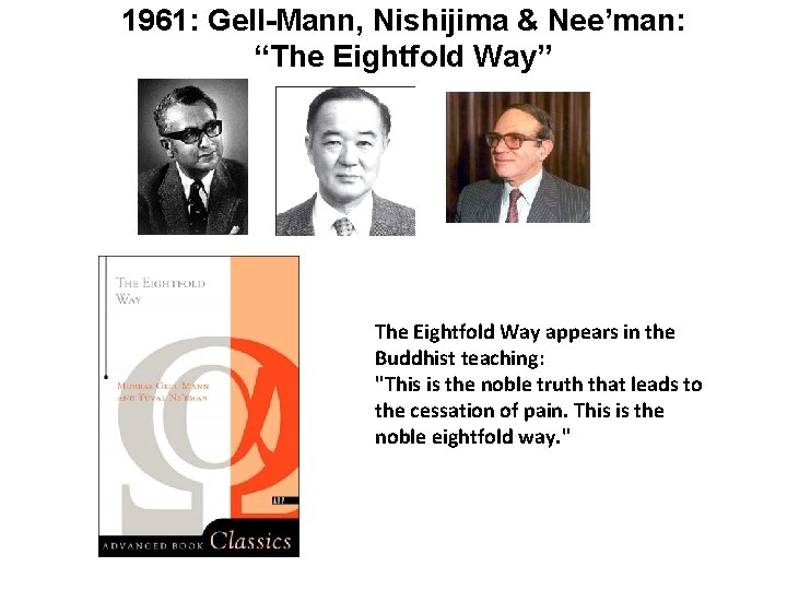 1961: Gell-Mann, Nishijima & Nee’man: “The Eightfold Way” The Eightfold Way appears in the