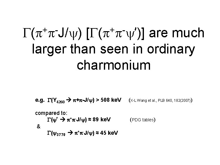 G(p+p-J/y) [G(p+p-y’)] are much larger than seen in ordinary charmonium e. g. G(Y 4260