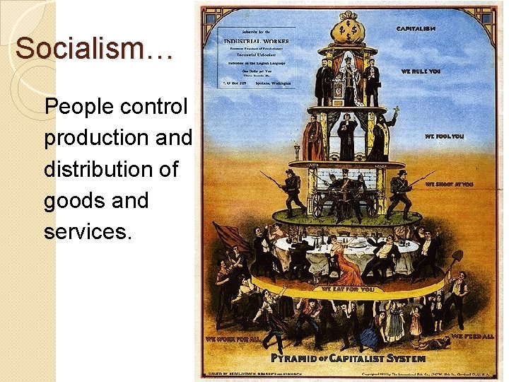 Socialism… People control production and distribution of goods and services. 