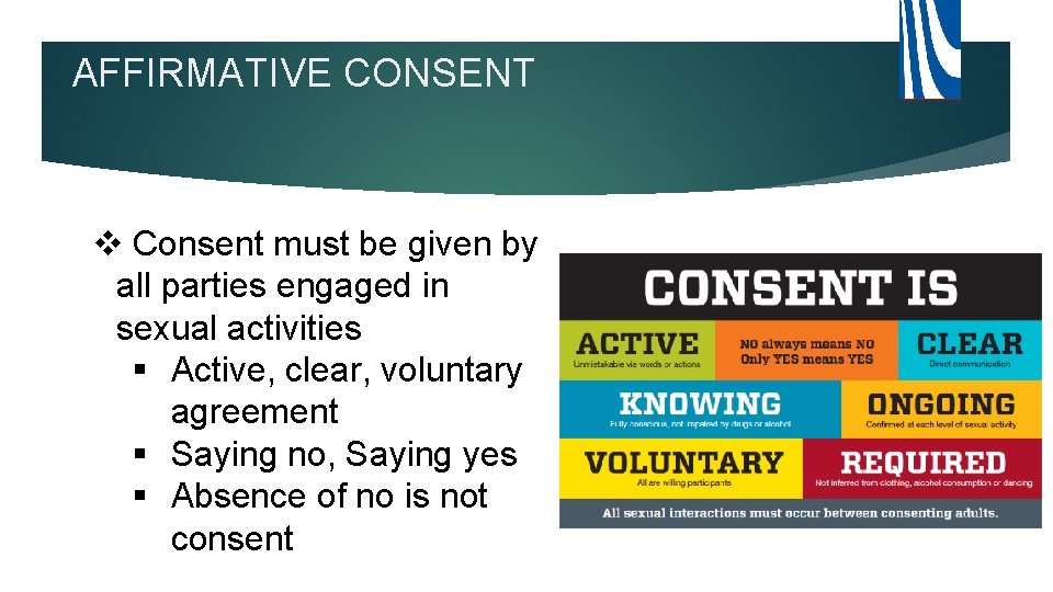 AFFIRMATIVE CONSENT v Consent must be given by all parties engaged in sexual activities