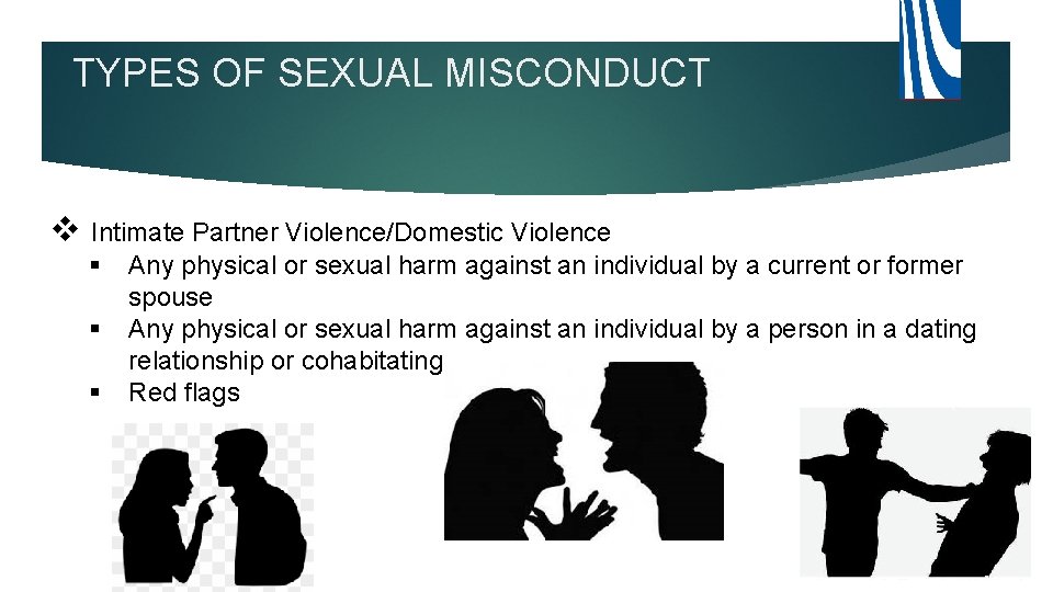 TYPES OF SEXUAL MISCONDUCT v Intimate Partner Violence/Domestic Violence § § § Any physical