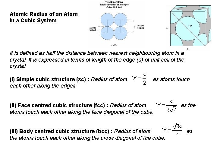 Atomic Radius of an Atom in a Cubic System It is defined as half