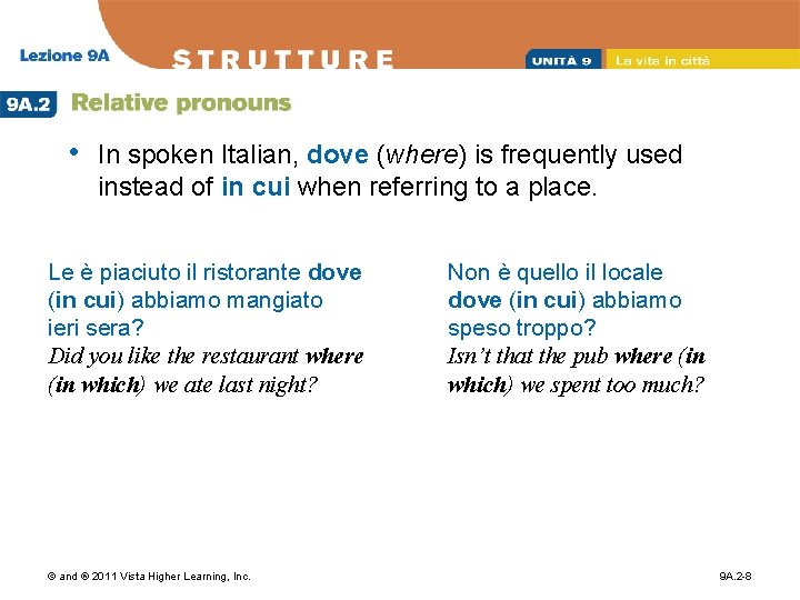  • In spoken Italian, dove (where) is frequently used instead of in cui