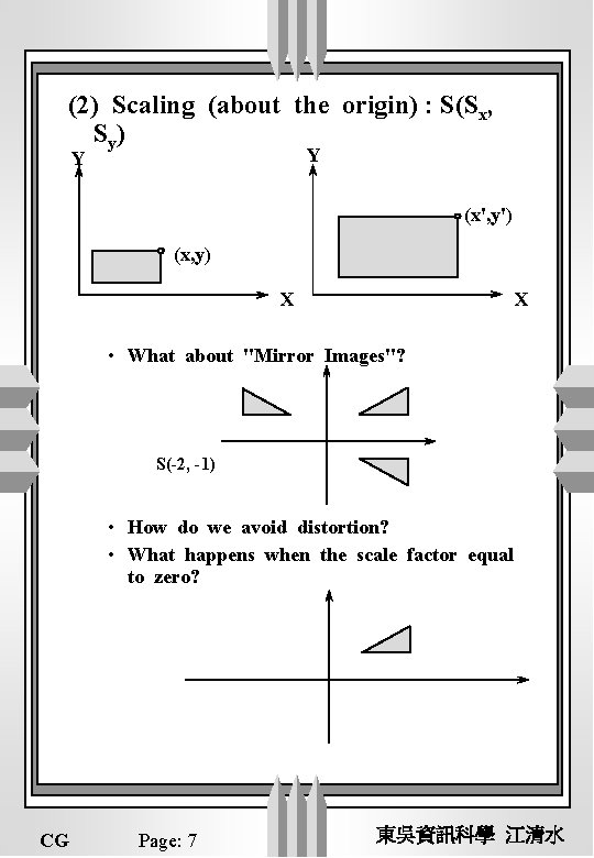(2) Scaling (about the origin) : S(Sx, Sy) Y Y (x', y') (x, y)